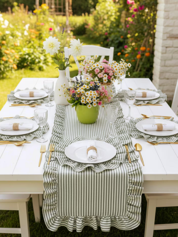 Tenues de fêtes 2025 : quand le style devient une déclaration - Blog Mariage Madame C Set de table rayé en lin à volants French Ruffled Linens